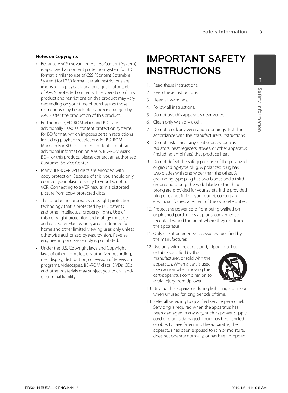 Important safety instructions | LG BD550 User Manual | Page 5 / 84