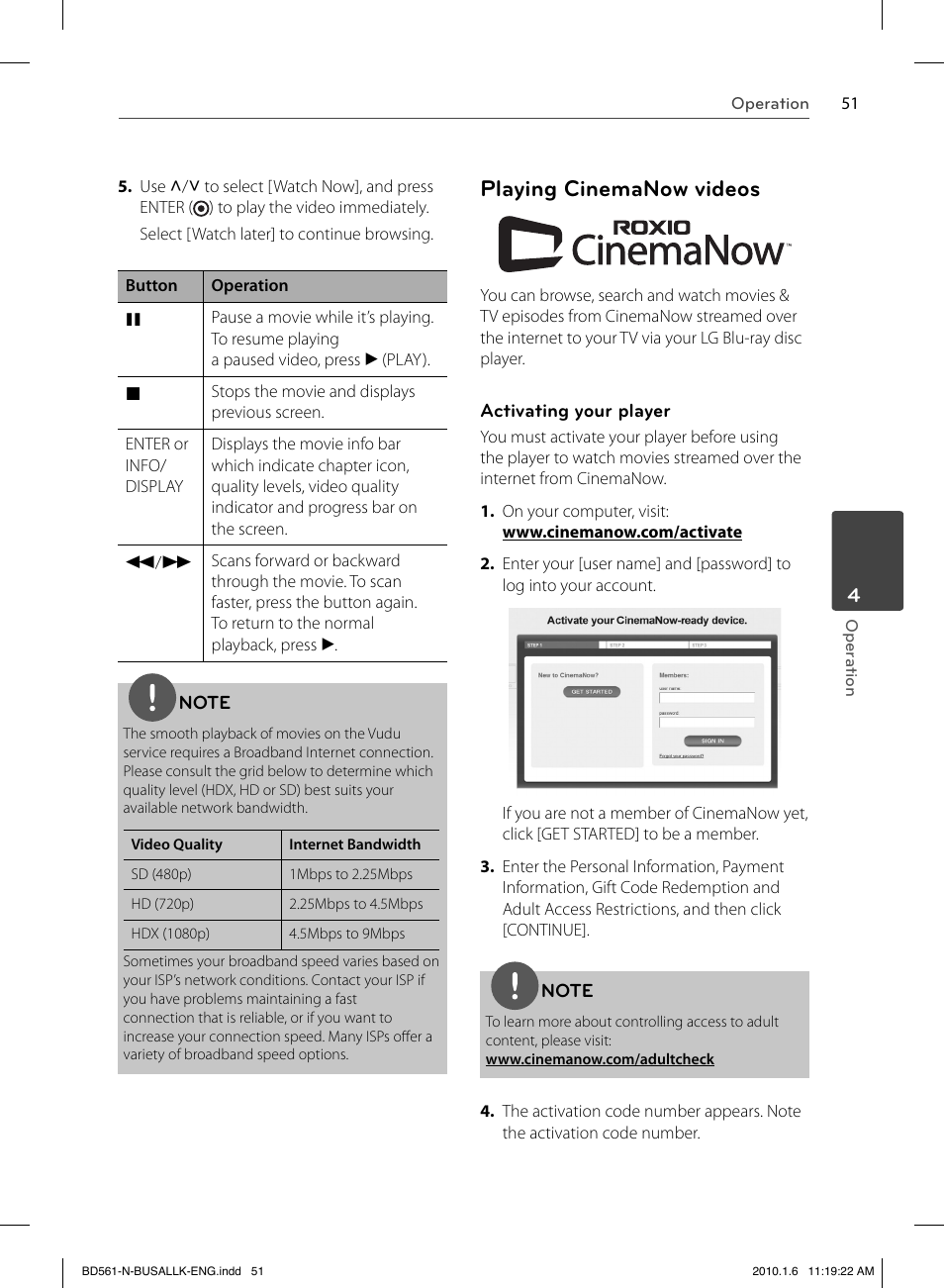 Playing cinemanow videos | LG BD550 User Manual | Page 51 / 84
