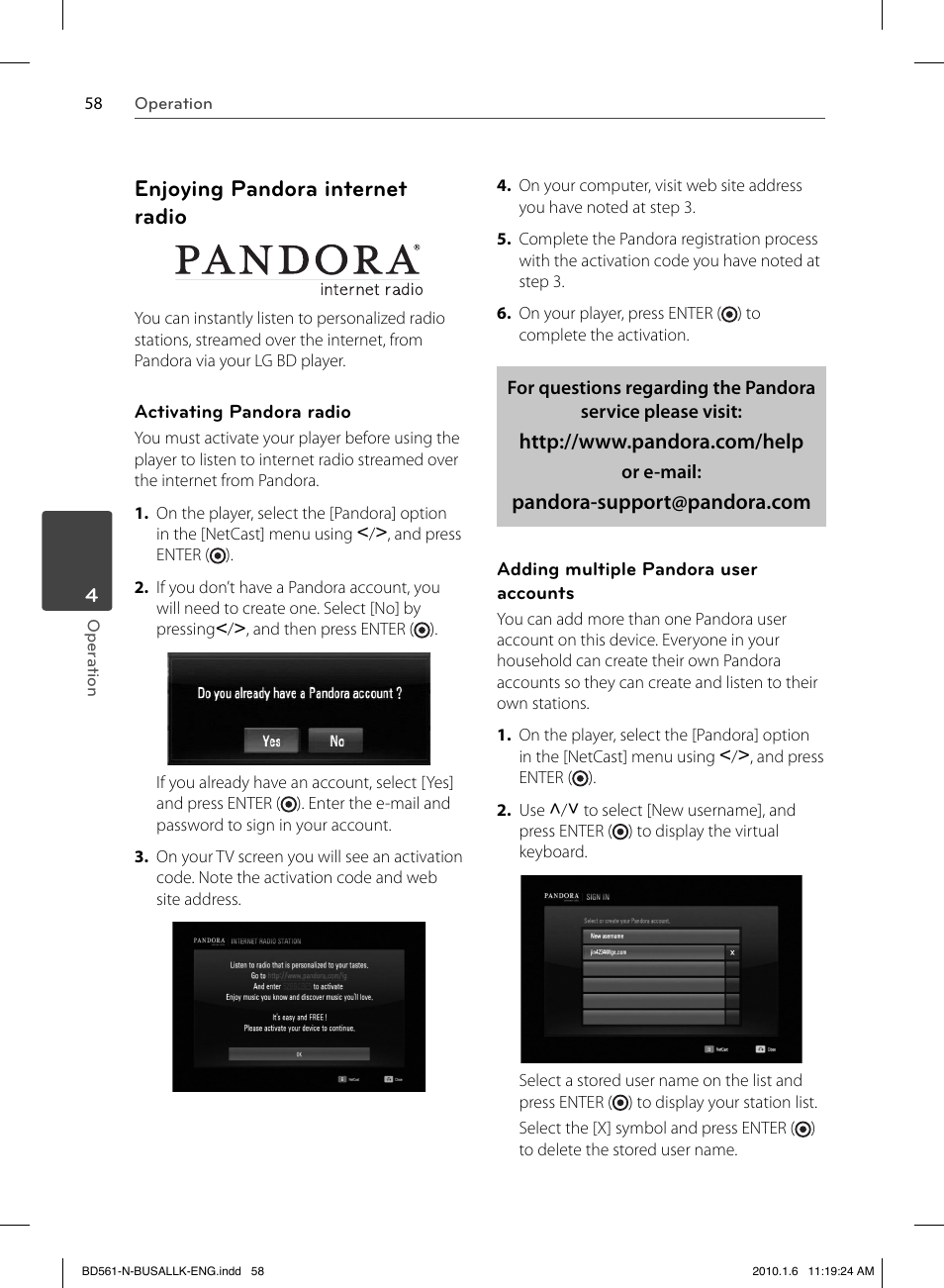 Enjoying pandora internet radio | LG BD550 User Manual | Page 58 / 84