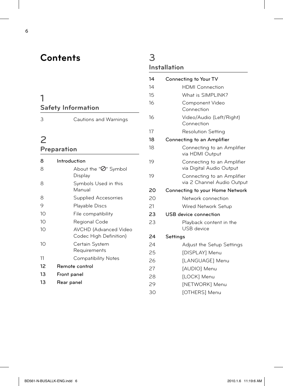 Contents 1, Safety information, Preparation | Installation | LG BD550 User Manual | Page 6 / 84