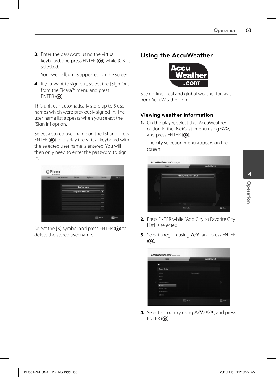 Using the accuweather | LG BD550 User Manual | Page 63 / 84