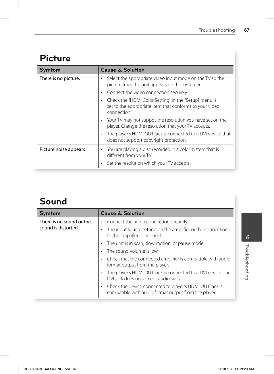 Picture, Sound | LG BD550 User Manual | Page 67 / 84
