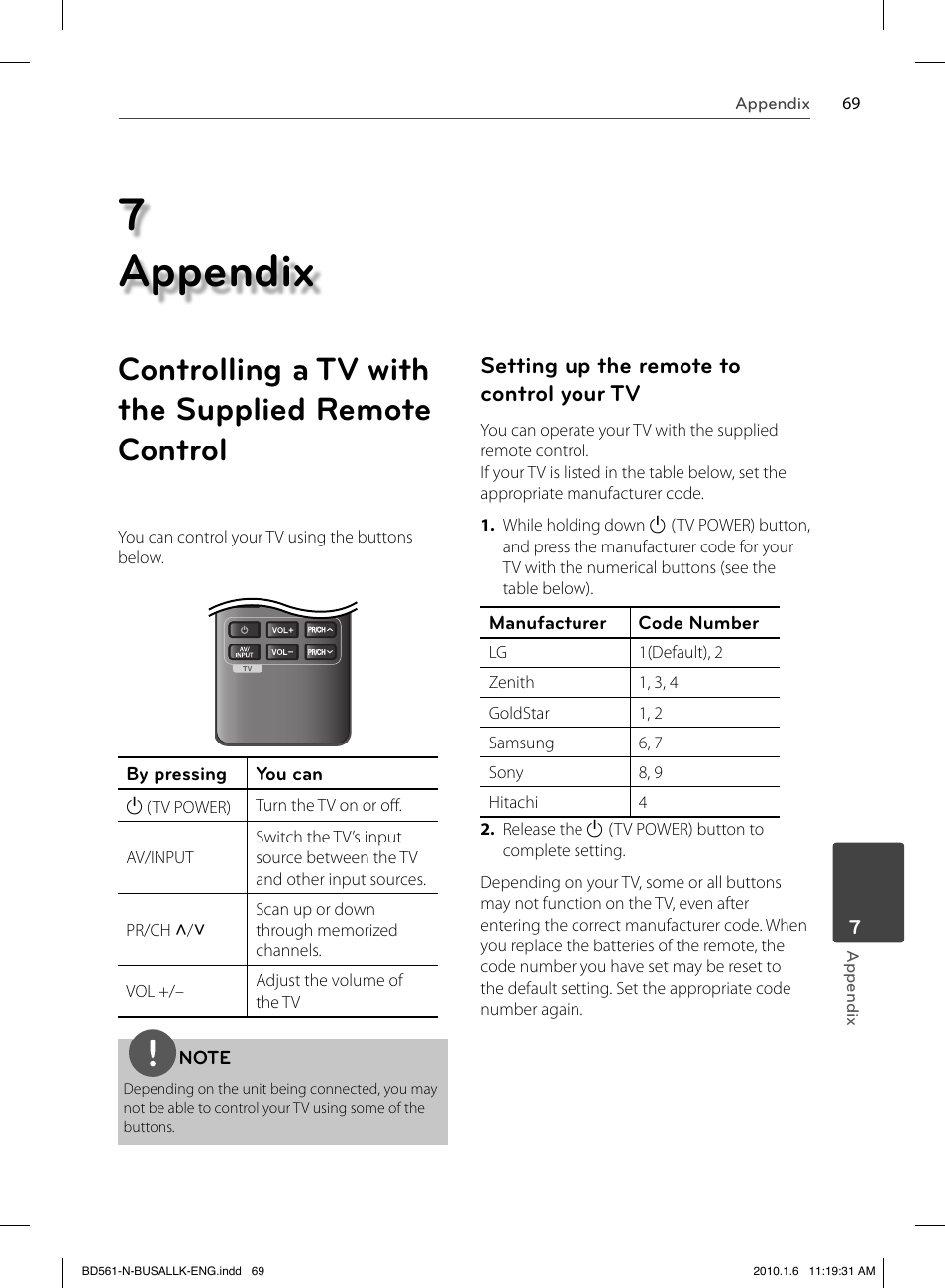 7 appendix, Controlling a tv with the supplied remote control, Setting up the remote to control your tv | LG BD550 User Manual | Page 69 / 84