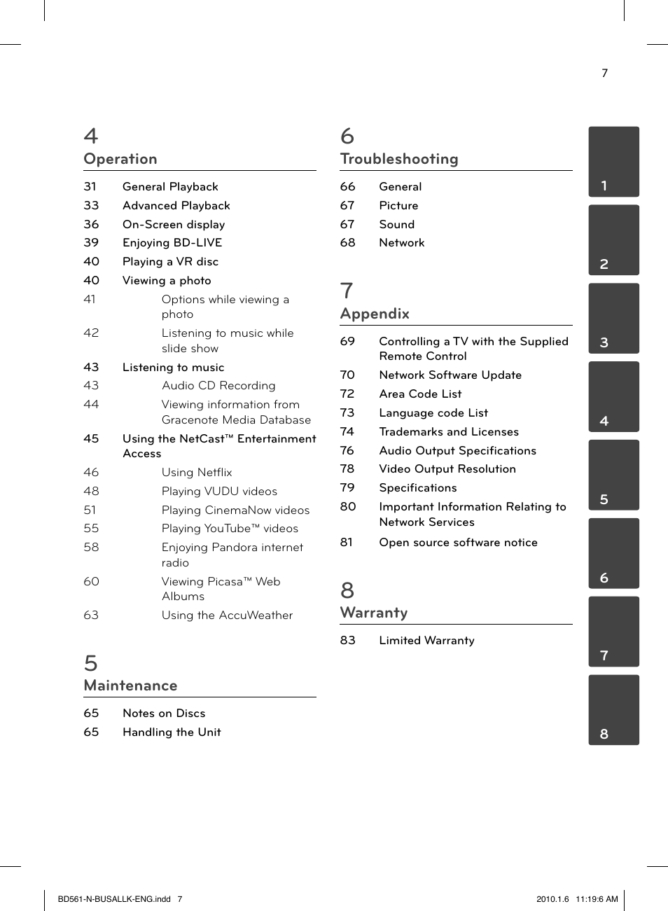 Operation, Maintenance, Troubleshooting | Appendix, Warranty | LG BD550 User Manual | Page 7 / 84