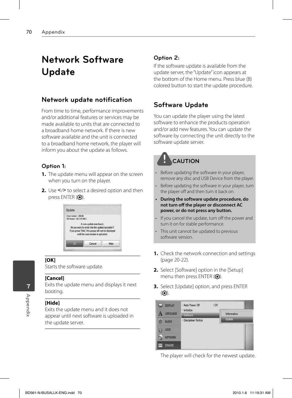 Network software update, Network update notiﬁ cation, Software update | LG BD550 User Manual | Page 70 / 84