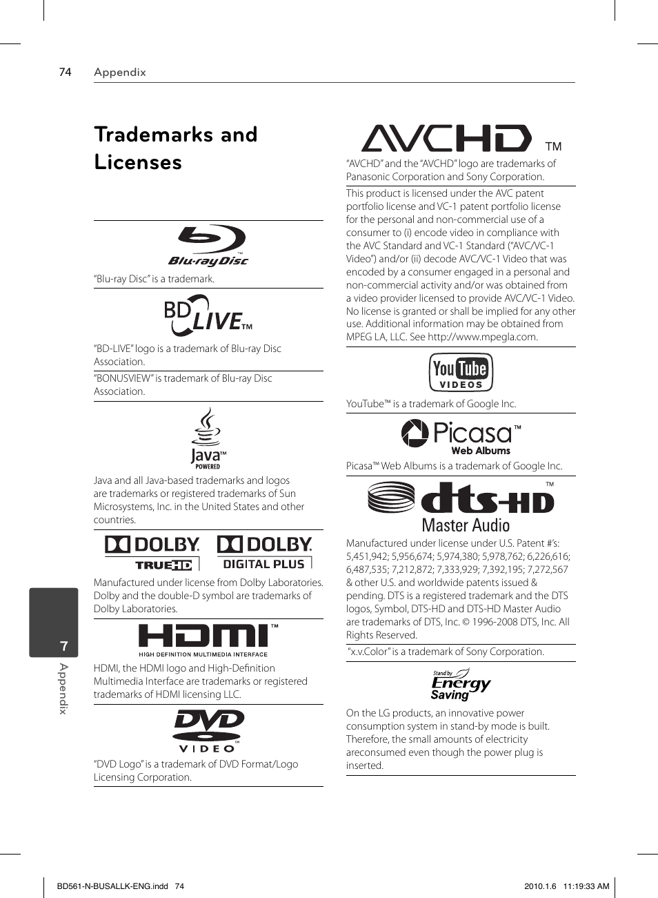 Trademarks and licenses | LG BD550 User Manual | Page 74 / 84