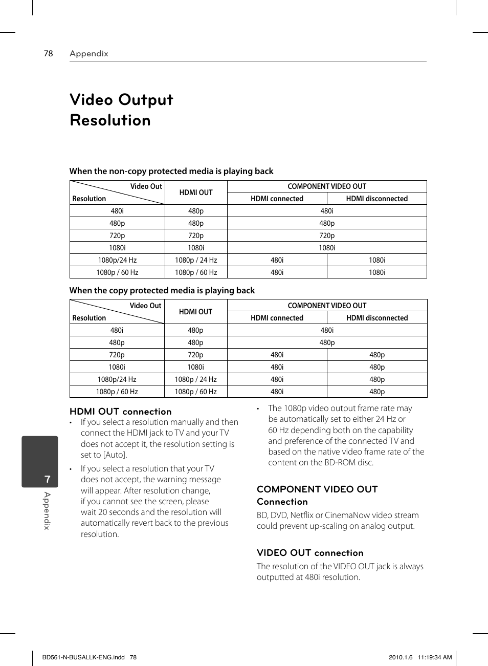 Video output resolution | LG BD550 User Manual | Page 78 / 84