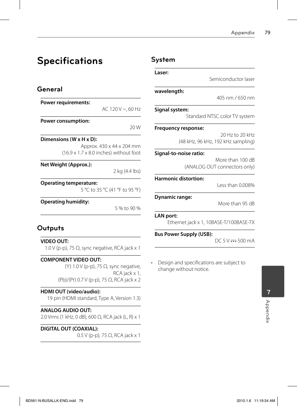 Speciﬁ cations, General, Outputs | System | LG BD550 User Manual | Page 79 / 84
