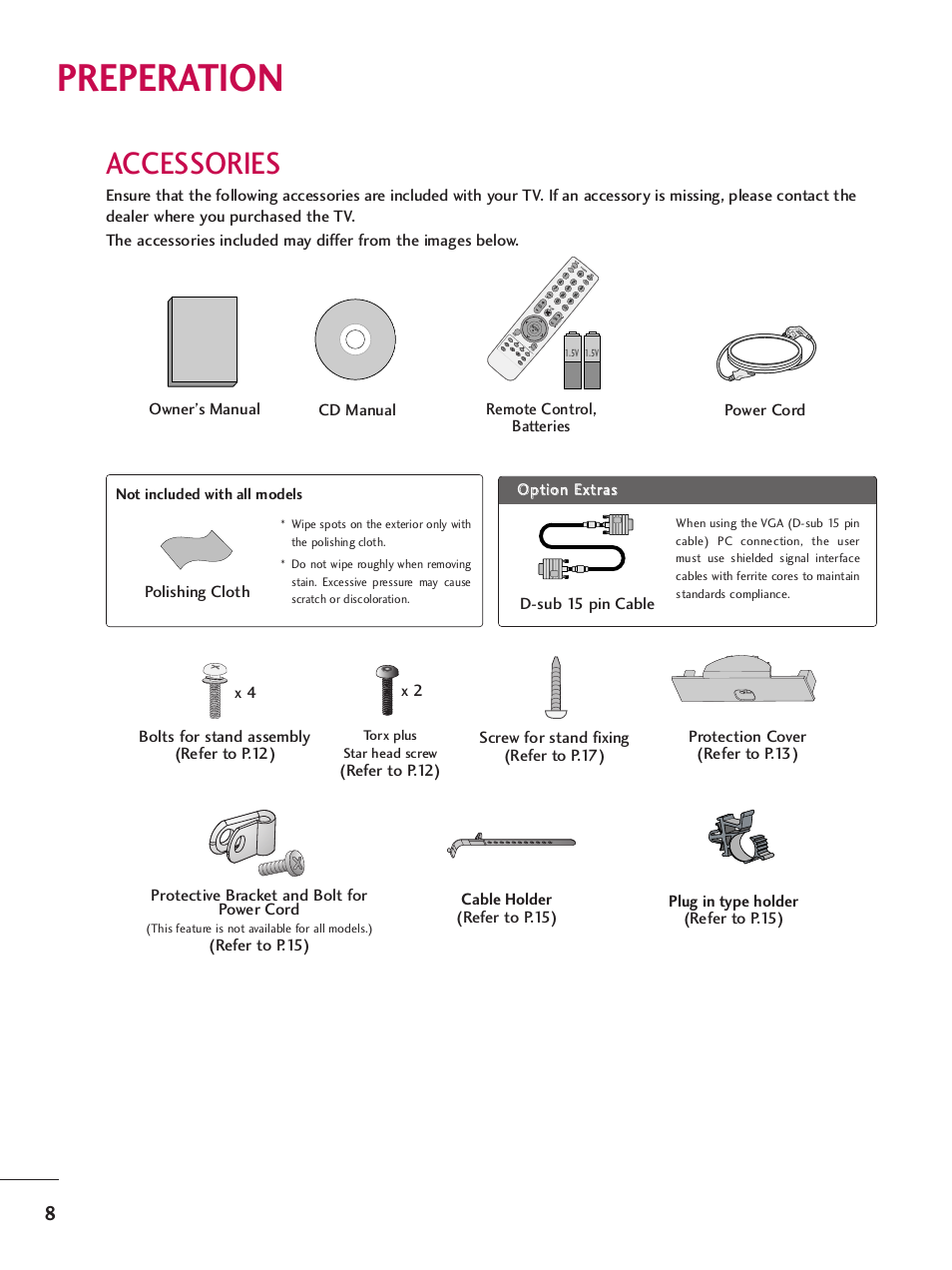 Preperation, Accessories, Protective bracket and bolt for power cord | Refer to p.12), Pa g e, Tim er ala m sap eje ct, Torx plus star head screw | LG SAC34026004 User Manual | Page 10 / 156