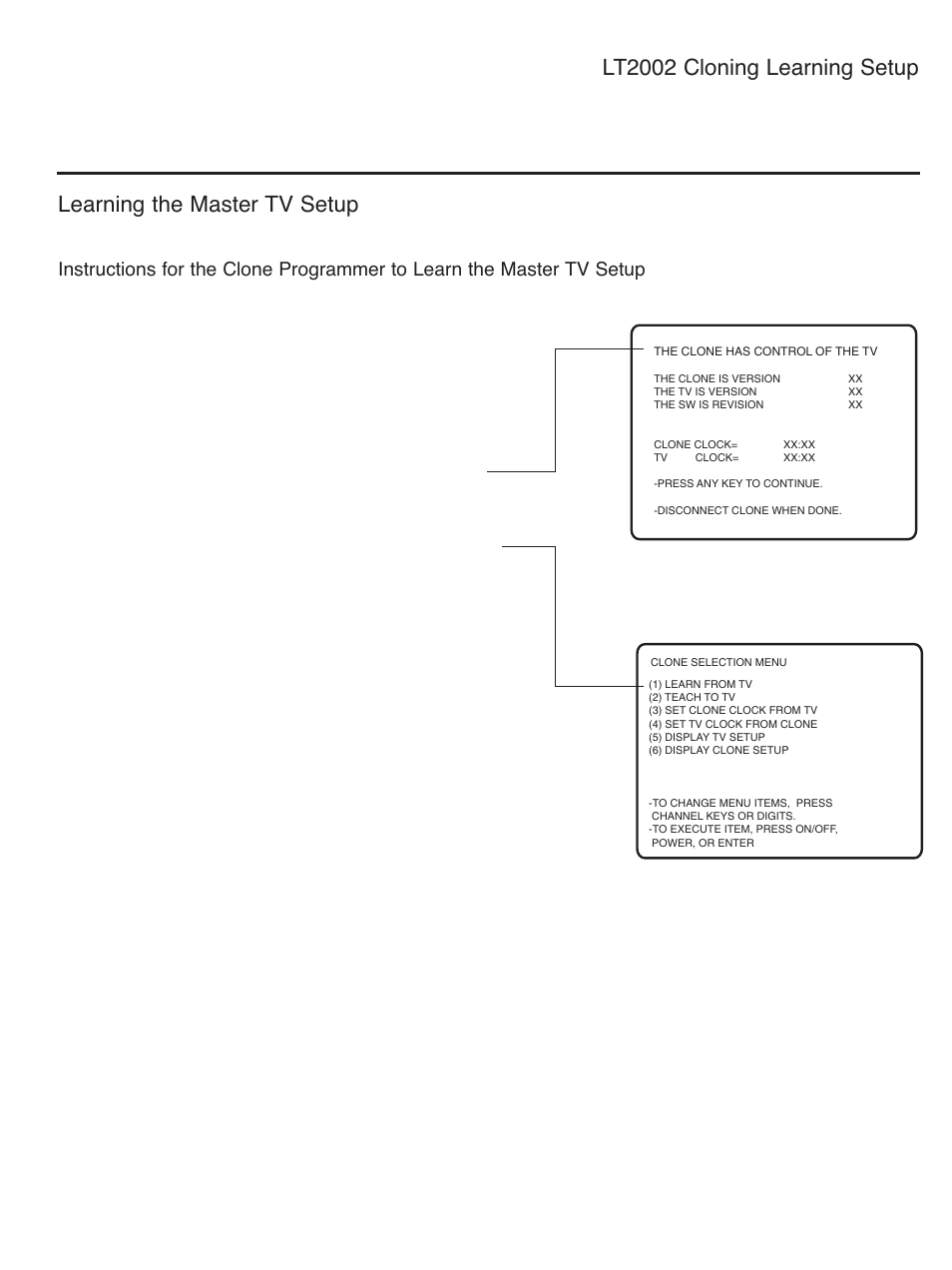 Lt2002 cloning learning setup, Learning the master tv setup, Learn setup from master tv | Set the clock (optional) | LG SAC34026004 User Manual | Page 132 / 156