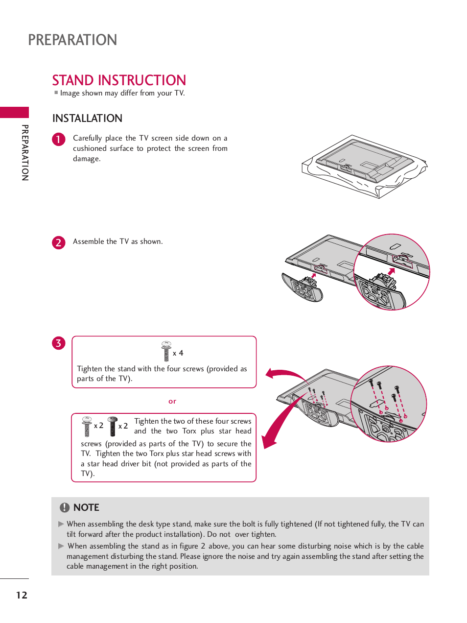 Stand instruction, Preparation, Installation | LG SAC34026004 User Manual | Page 14 / 156