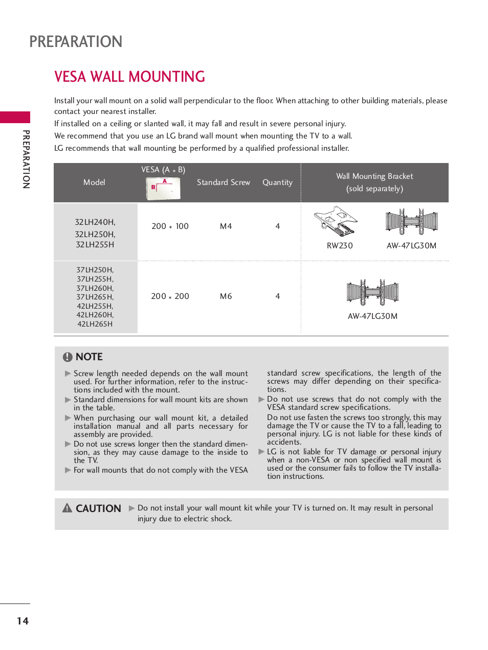 Vesa wall mounting, Preparation, Caution | Prep ar a tion | LG SAC34026004 User Manual | Page 16 / 156