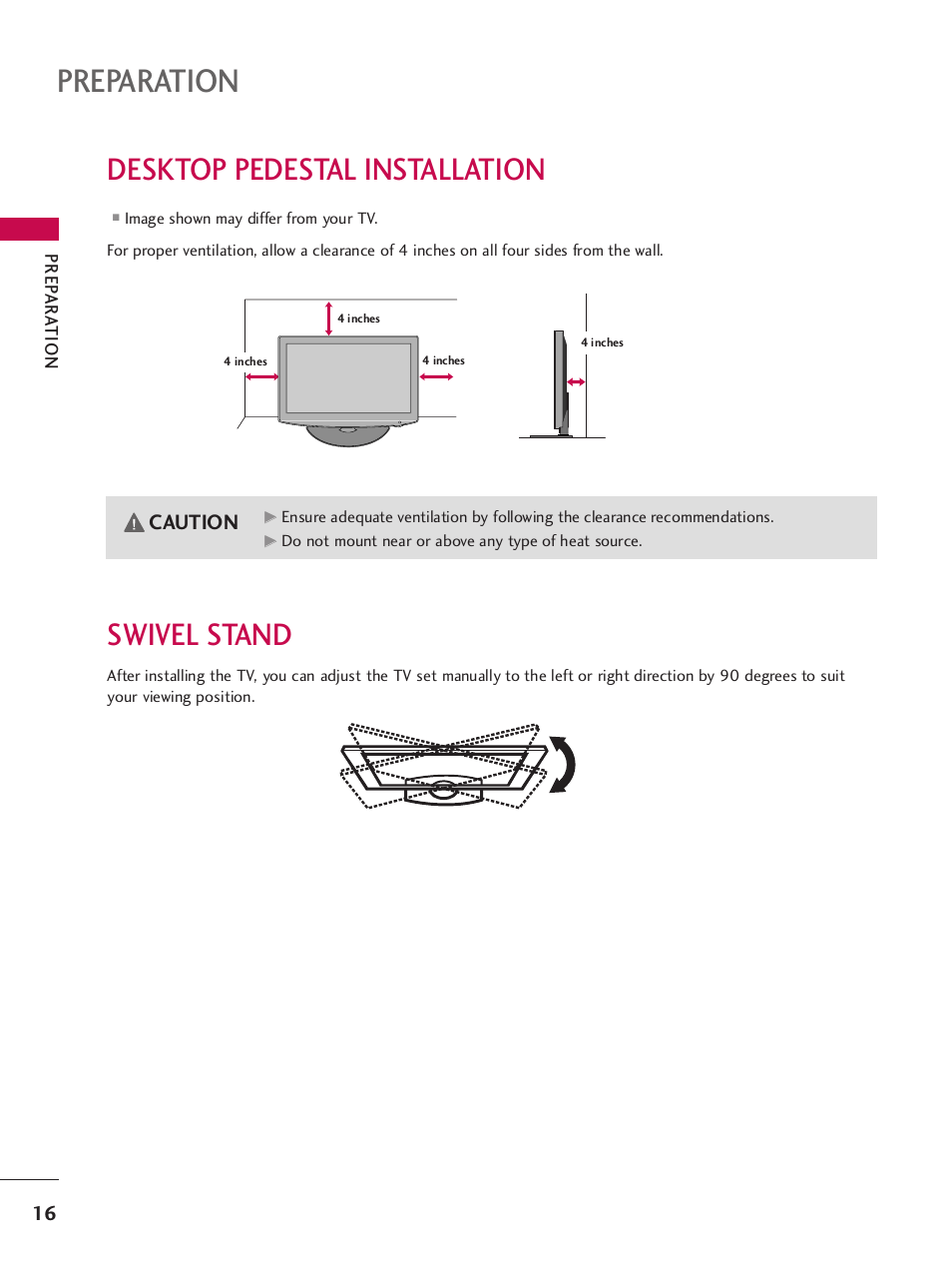 Desktop pedestal installation, Swivel stand, Preparation | Desktop pedestal installation swivel stand, Caution | LG SAC34026004 User Manual | Page 18 / 156