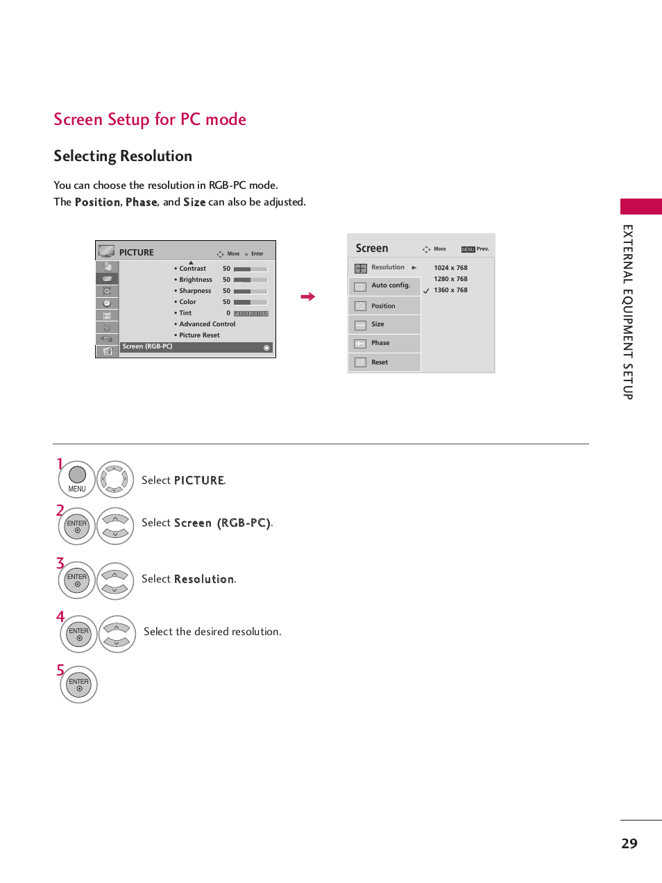 Screen setup for pc mode, Selecting resolution, External eq uipment setup | LG SAC34026004 User Manual | Page 31 / 156