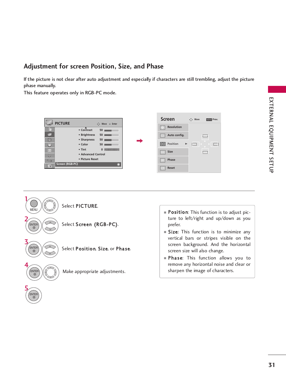 Adjustment for screen position, size, and phase, External eq uipment setup | LG SAC34026004 User Manual | Page 33 / 156