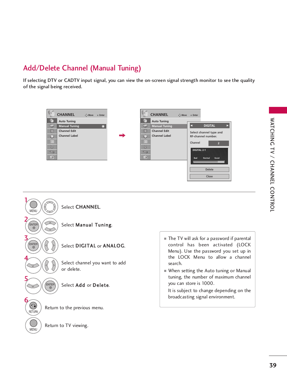 Add/delete channel (manual tuning), Wa tching tv / channel contr ol | LG SAC34026004 User Manual | Page 41 / 156