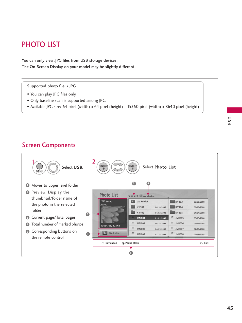 Photo list, Screen components | LG SAC34026004 User Manual | Page 47 / 156