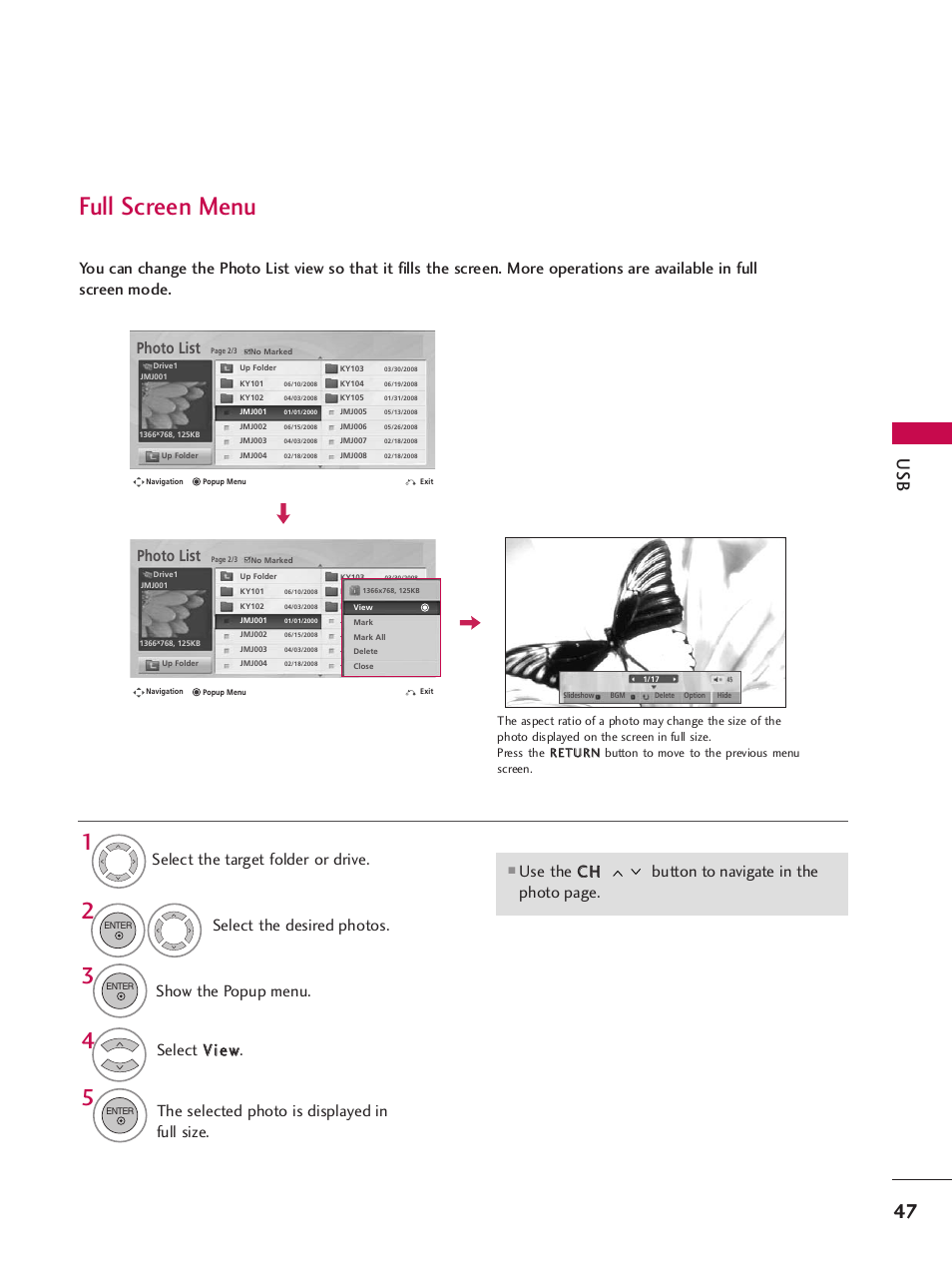 Full screen menu, Photo list | LG SAC34026004 User Manual | Page 49 / 156