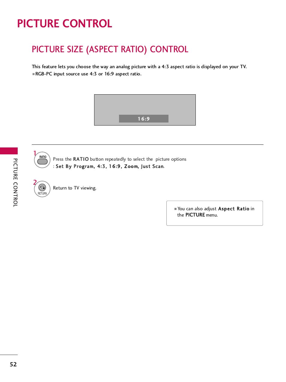 Picture control, Picture size (aspect ratio) control | LG SAC34026004 User Manual | Page 54 / 156