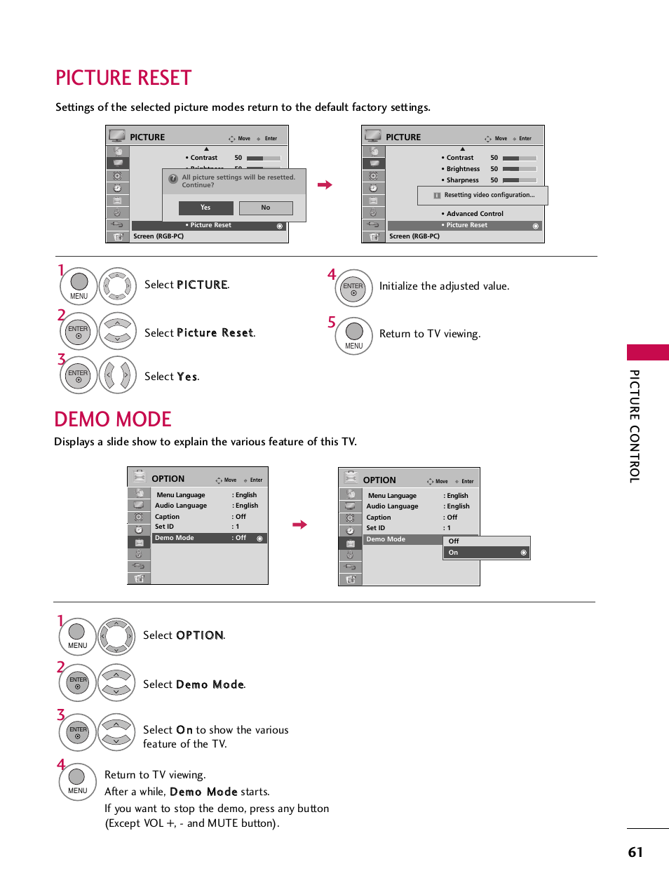 Picture reset, Demo mode, Picture contr ol | LG SAC34026004 User Manual | Page 63 / 156