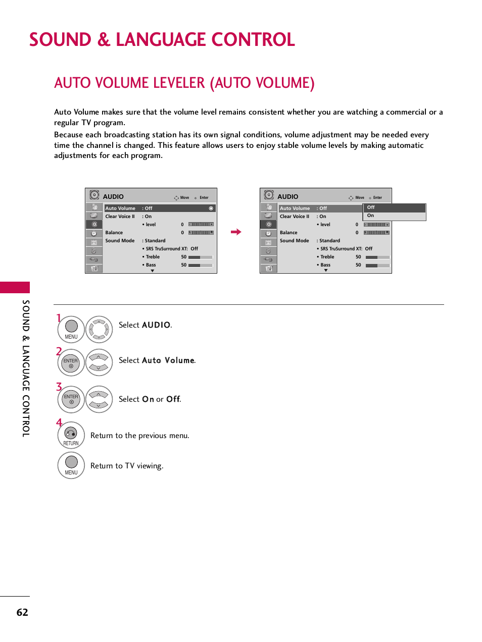 Sound & language control, Auto volume leveler (auto volume), Sound & langu a ge contr ol | Return to the previous menu, Return to tv viewing | LG SAC34026004 User Manual | Page 64 / 156