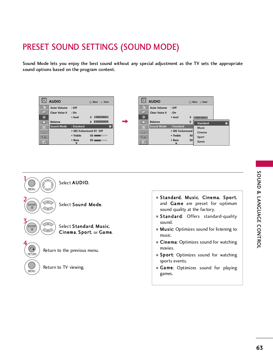 Preset sound settings (sound mode), Sound & langu a ge contr ol | LG SAC34026004 User Manual | Page 65 / 156