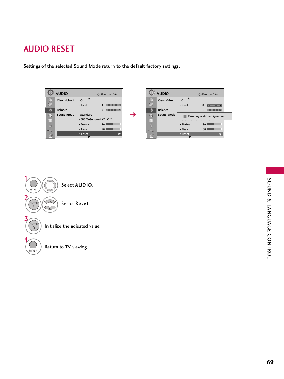 Audio reset, Sound & langu a ge contr ol, Initialize the adjusted value | Return to tv viewing | LG SAC34026004 User Manual | Page 71 / 156