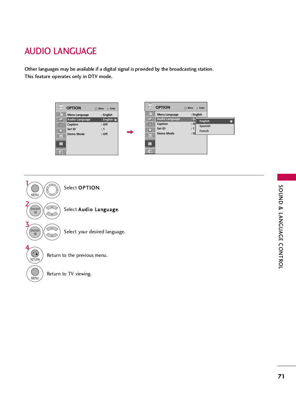 Audio language, Sound & langu a ge contr ol | LG SAC34026004 User Manual | Page 73 / 156