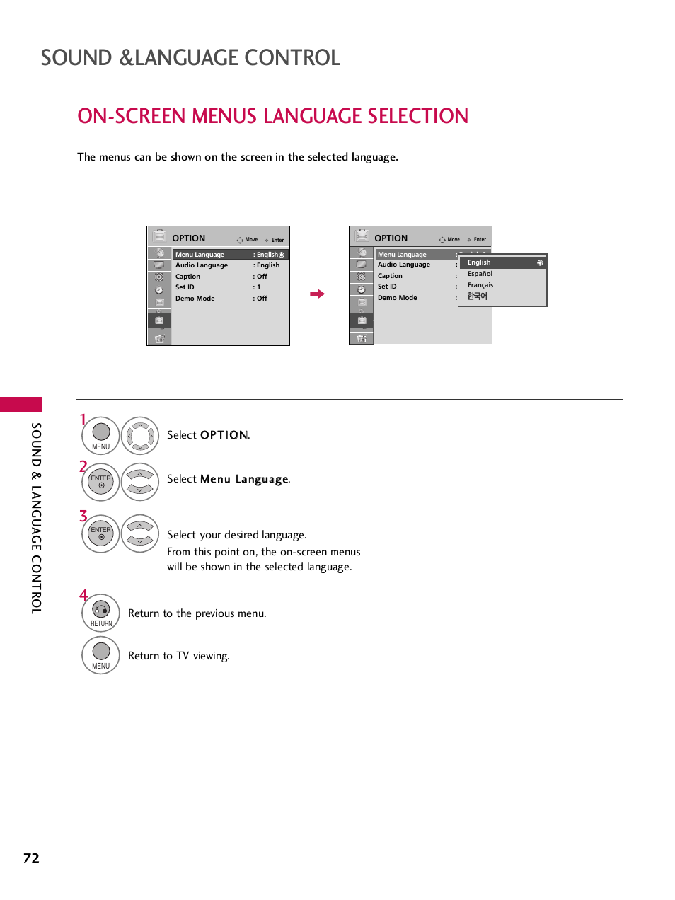 On-screen menus language selection, Sound &language control, Sound & langu a ge contr ol | LG SAC34026004 User Manual | Page 74 / 156