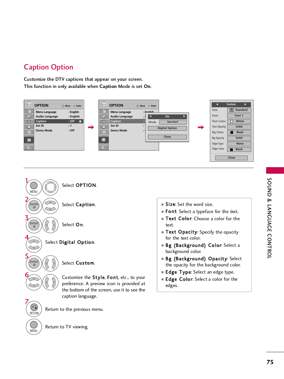 Caption option, Sound & langu a ge contr ol | LG SAC34026004 User Manual | Page 77 / 156