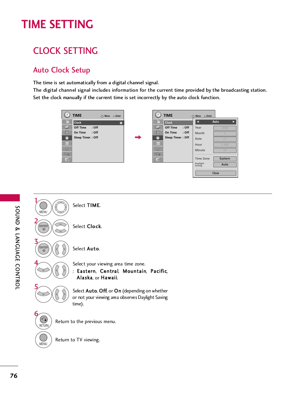 Time setting, Clock setting, Auto clock setup | Sound & langu a ge contr ol | LG SAC34026004 User Manual | Page 78 / 156