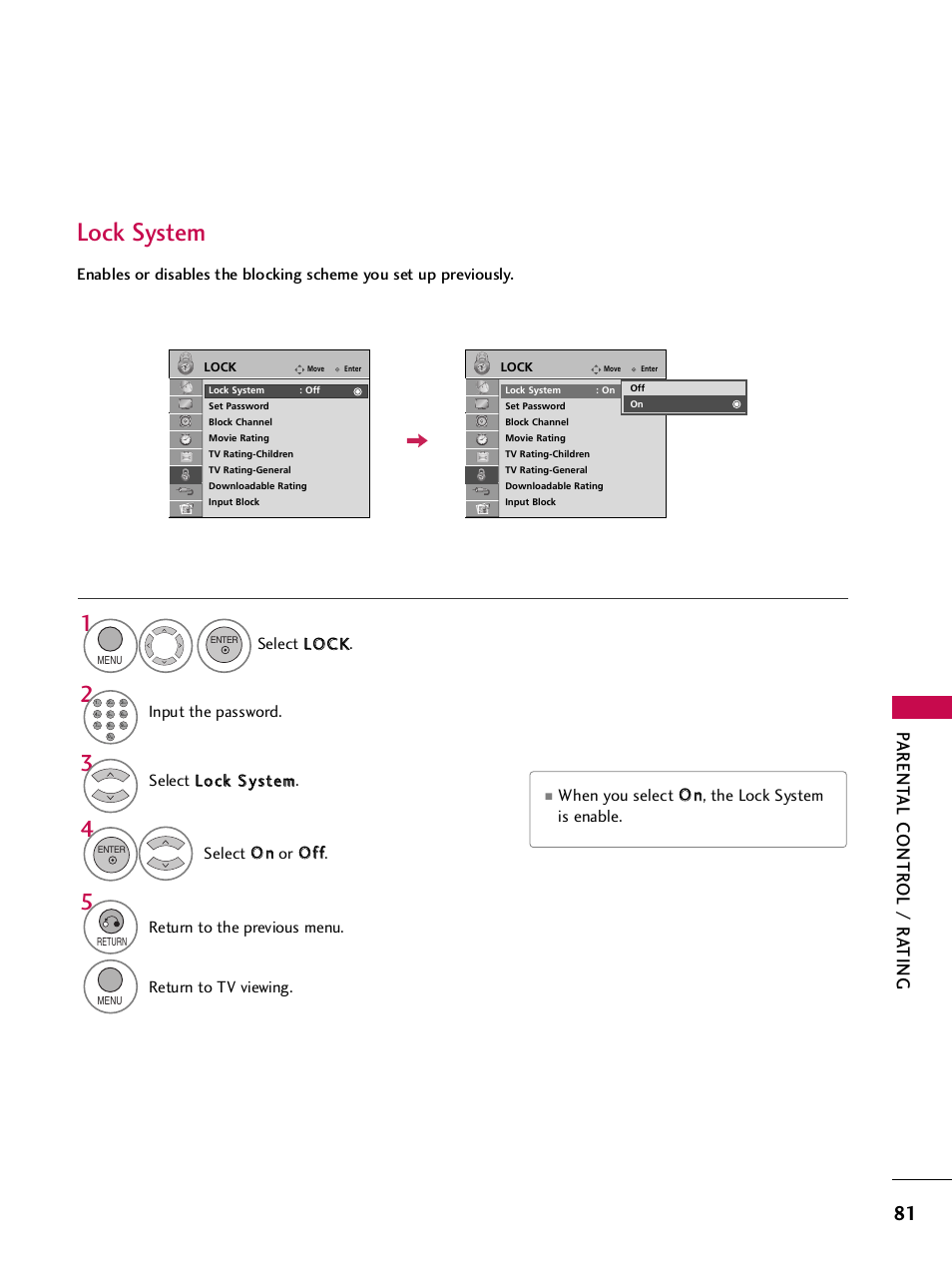 Lock system, Parent al contr ol / r a ting | LG SAC34026004 User Manual | Page 83 / 156