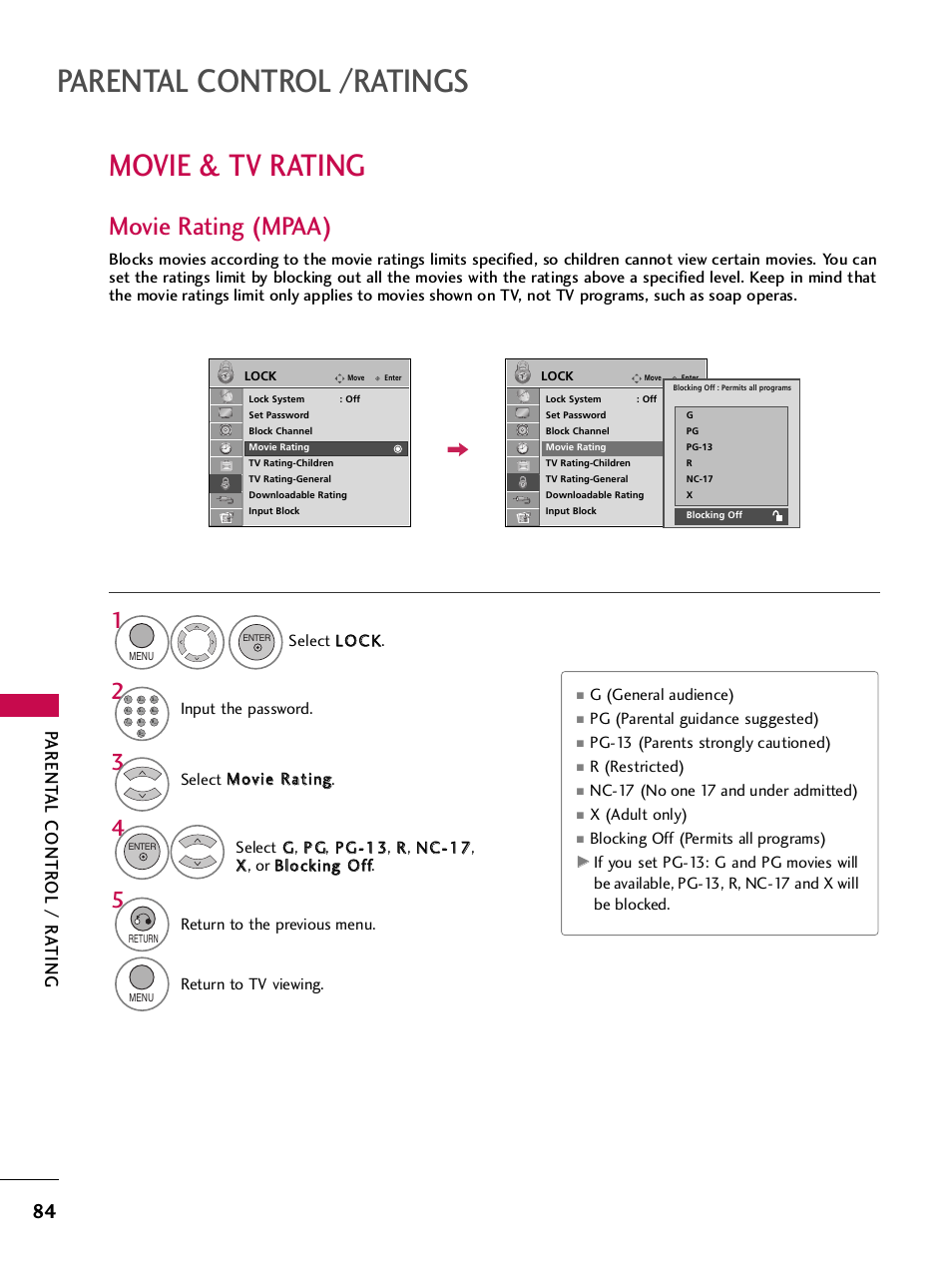 Movie & tv rating, Movie rating (mpaa), Parental control /ratings | Parent al contr ol / r a ting | LG SAC34026004 User Manual | Page 86 / 156