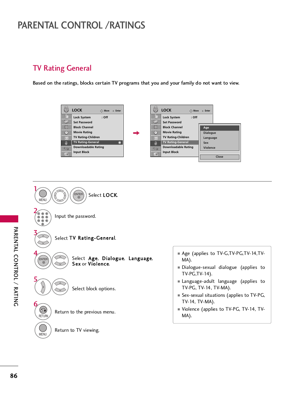 Tv rating general, Parental control /ratings, Parent al contr ol / r a ting | LG SAC34026004 User Manual | Page 88 / 156