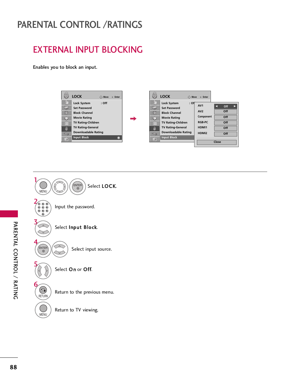 External input blocking, Parental control /ratings, Parent al contr ol / r a ting | Input the password, Return to the previous menu, Return to tv viewing | LG SAC34026004 User Manual | Page 90 / 156