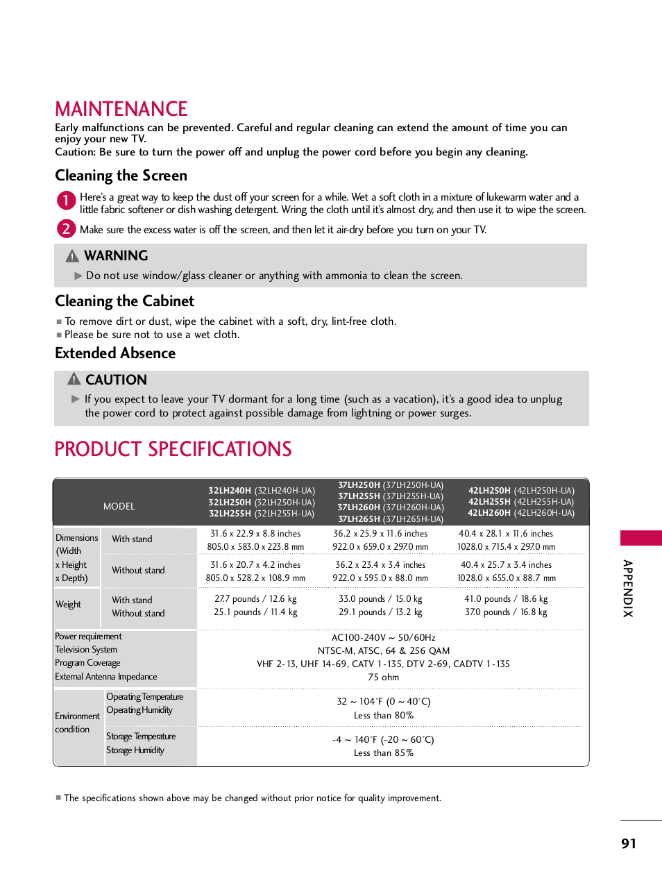 Maintenance, Product specifications, Cleaning the screen | Cleaning the cabinet, Extended absence, Caution, Warning, Appendix | LG SAC34026004 User Manual | Page 93 / 156