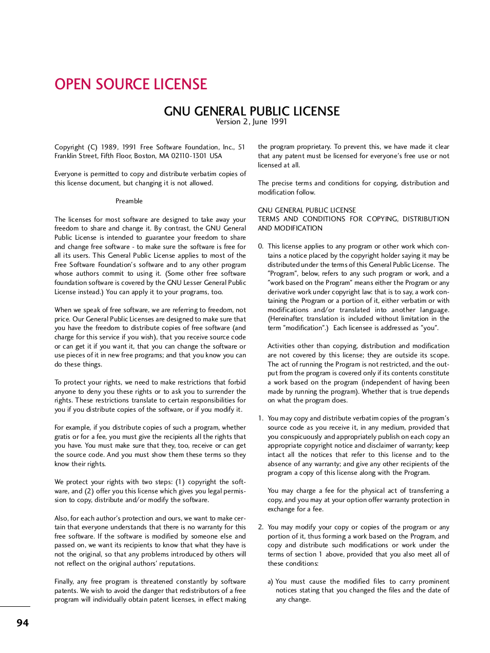 Open source license, Gnu general public license | LG SAC34026004 User Manual | Page 96 / 156