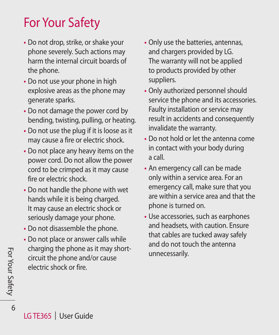 For your safety | LG TE365 User Manual | Page 10 / 107