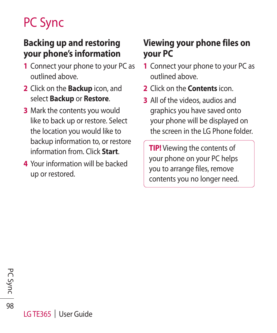 Pc sync, Backing up and restoring your phone’s information, Viewing your phone files on your pc | LG TE365 User Manual | Page 102 / 107