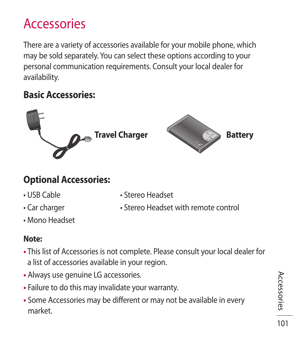 Accessories, Basic accessories, Optional accessories | LG TE365 User Manual | Page 105 / 107