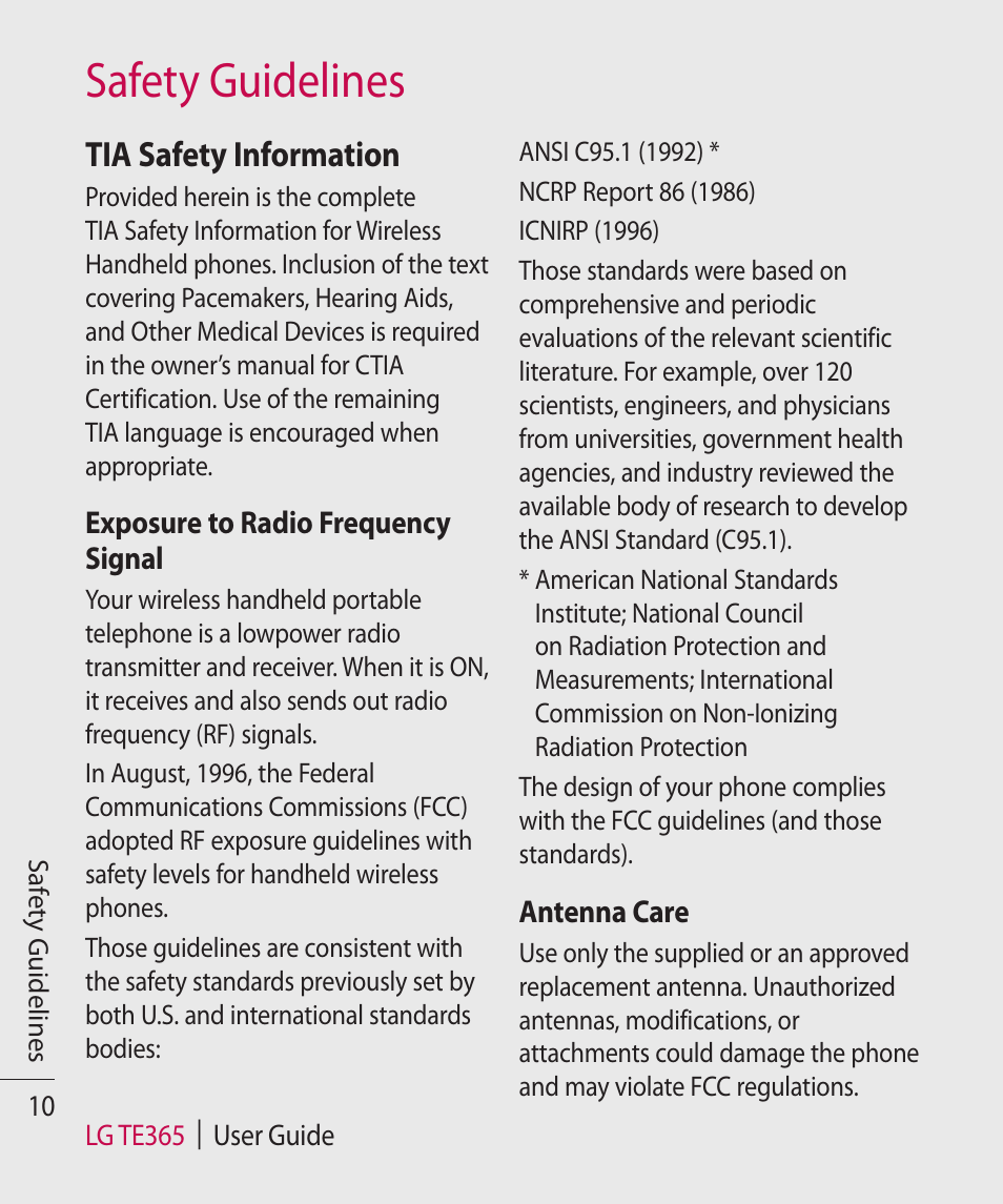 Safety guidelines, Tia safety information | LG TE365 User Manual | Page 14 / 107