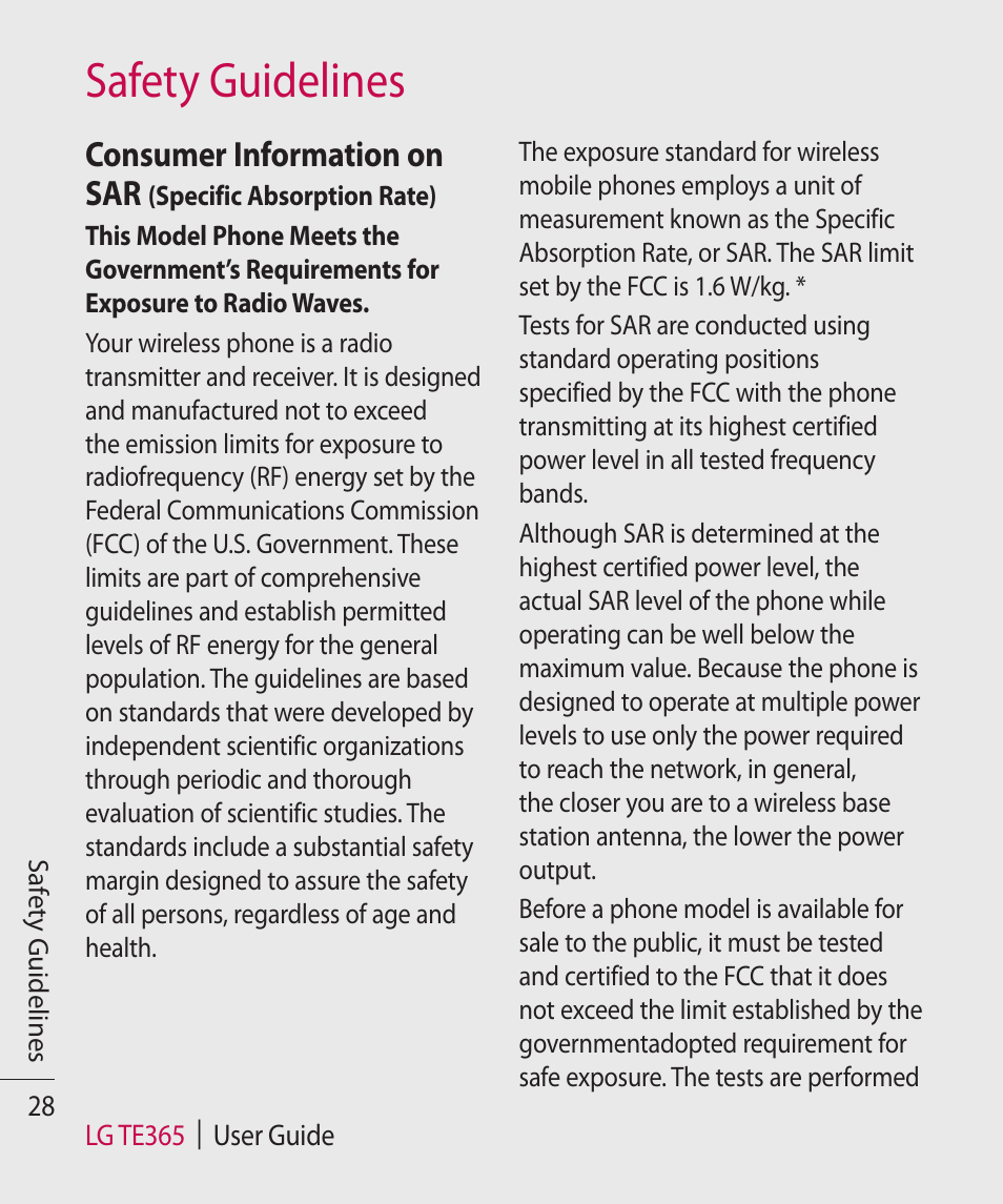 Safety guidelines, Consumer information on sar | LG TE365 User Manual | Page 32 / 107