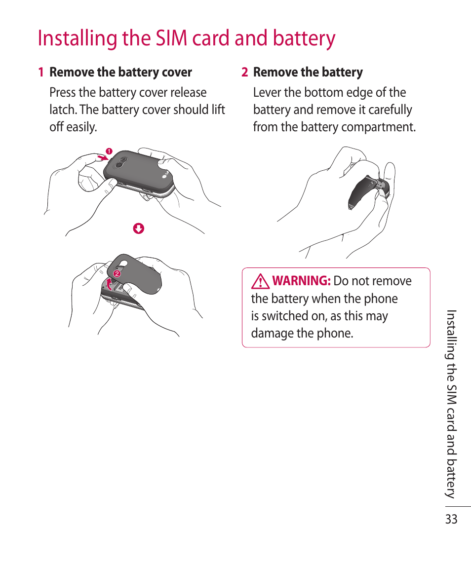 Installing the sim card and battery | LG TE365 User Manual | Page 37 / 107