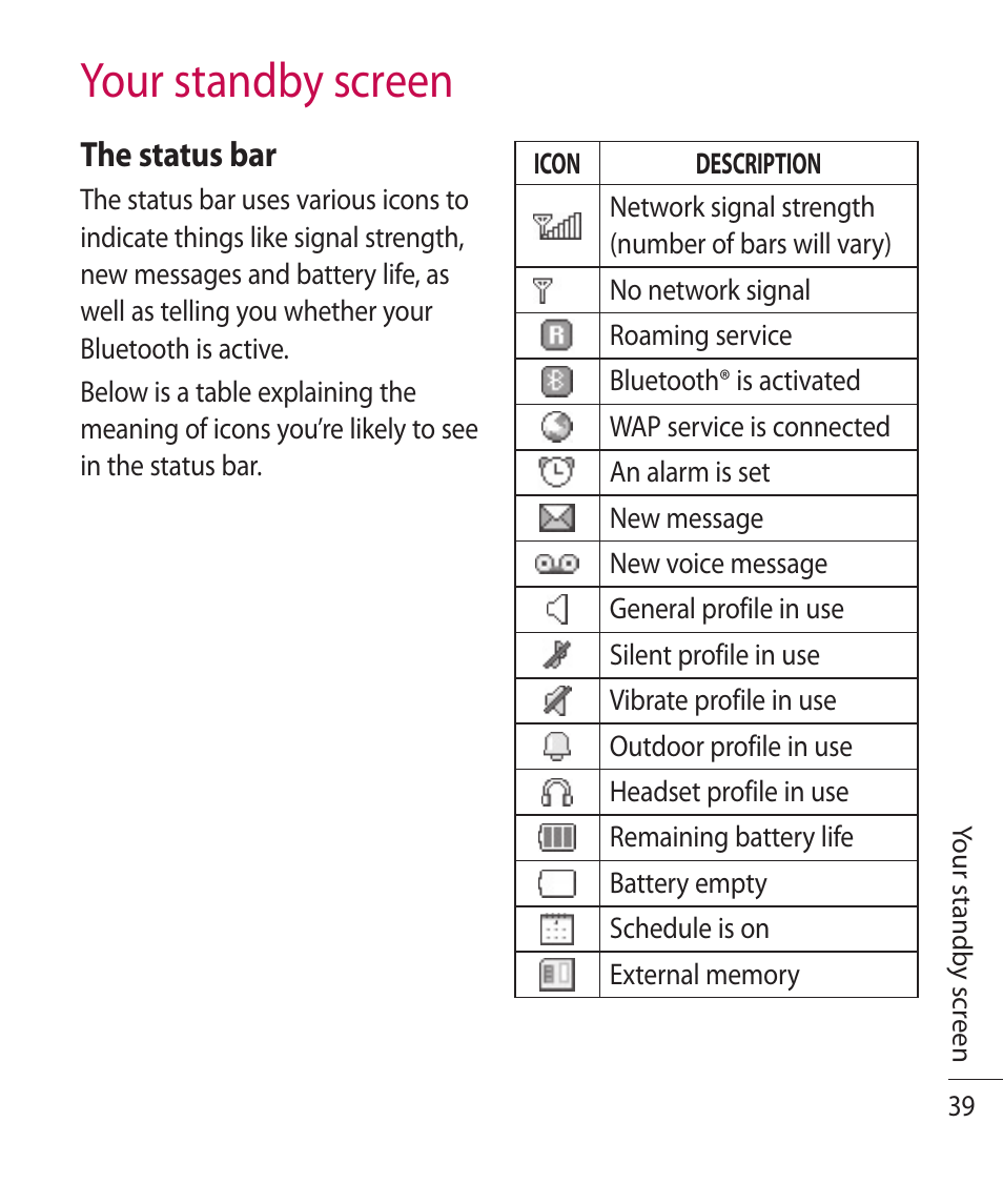 Your standby screen | LG TE365 User Manual | Page 43 / 107