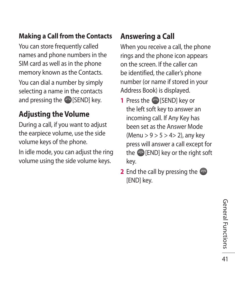 Adjusting the volume, Answering a call | LG TE365 User Manual | Page 45 / 107