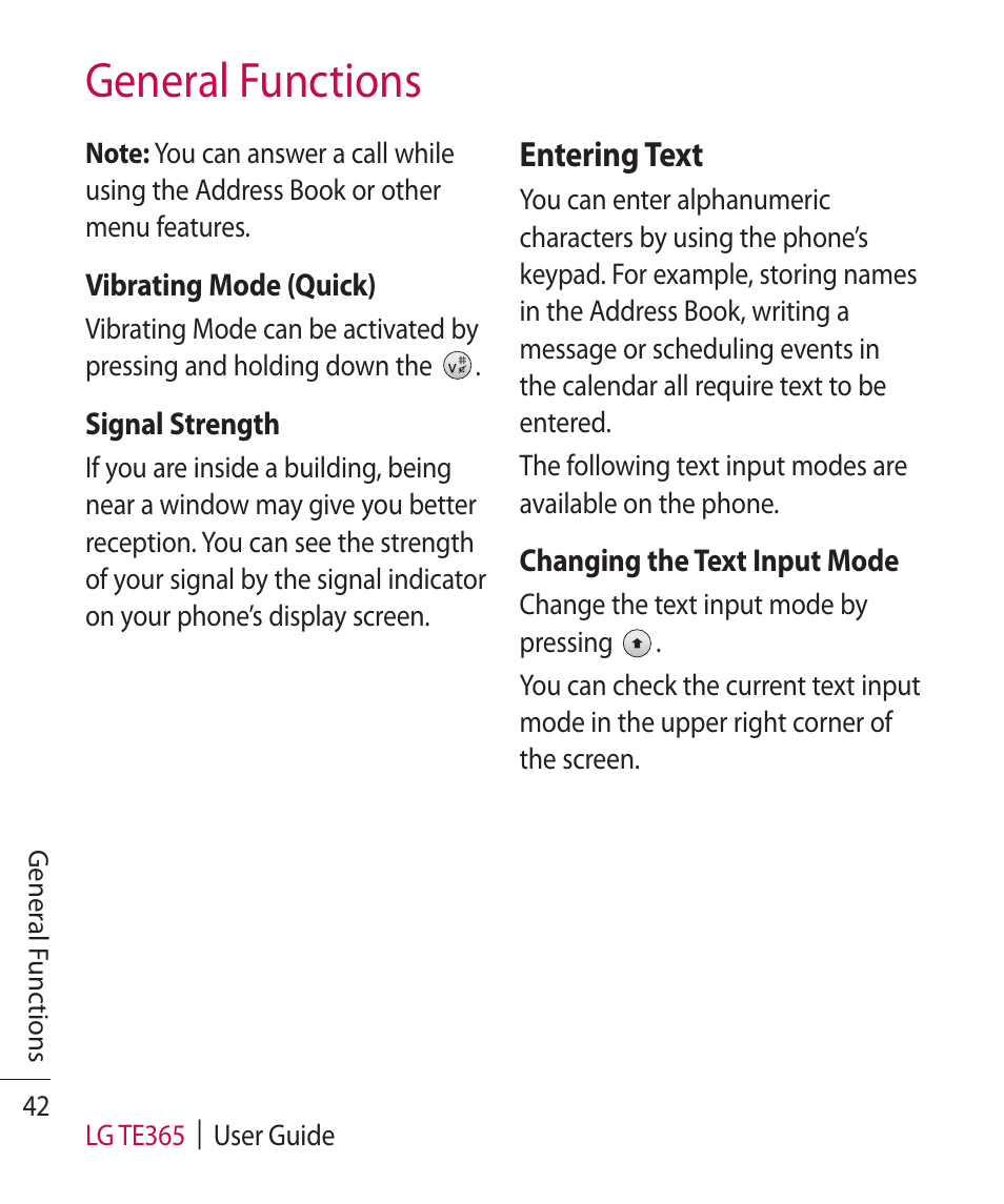 General functions, Entering text | LG TE365 User Manual | Page 46 / 107