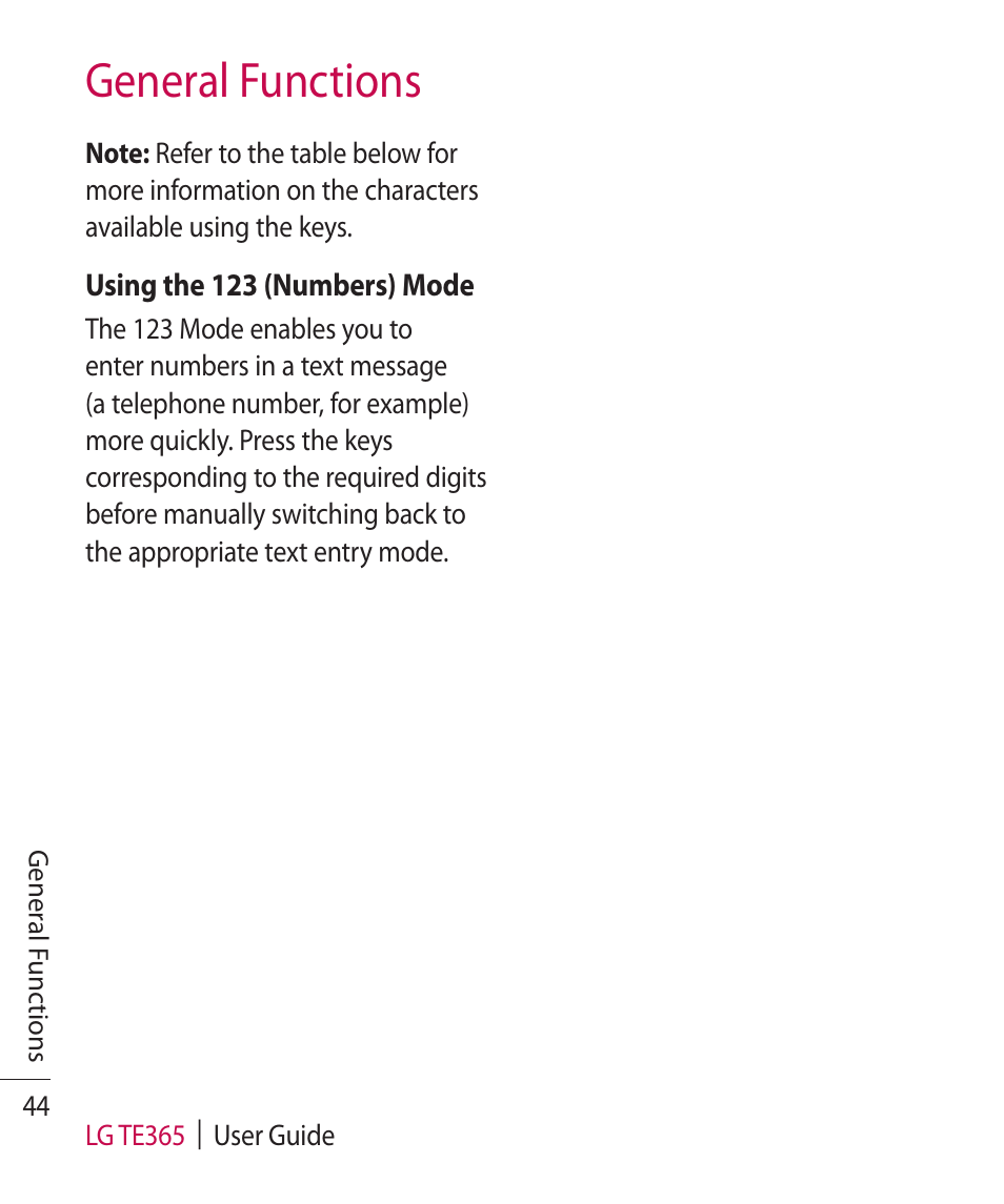 General functions | LG TE365 User Manual | Page 48 / 107