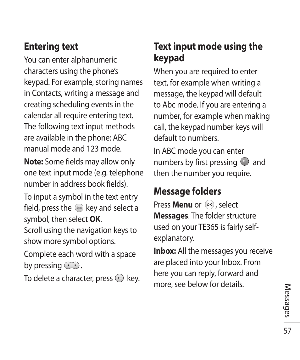 Entering text, Text input mode using the keypad, Message folders | LG TE365 User Manual | Page 61 / 107