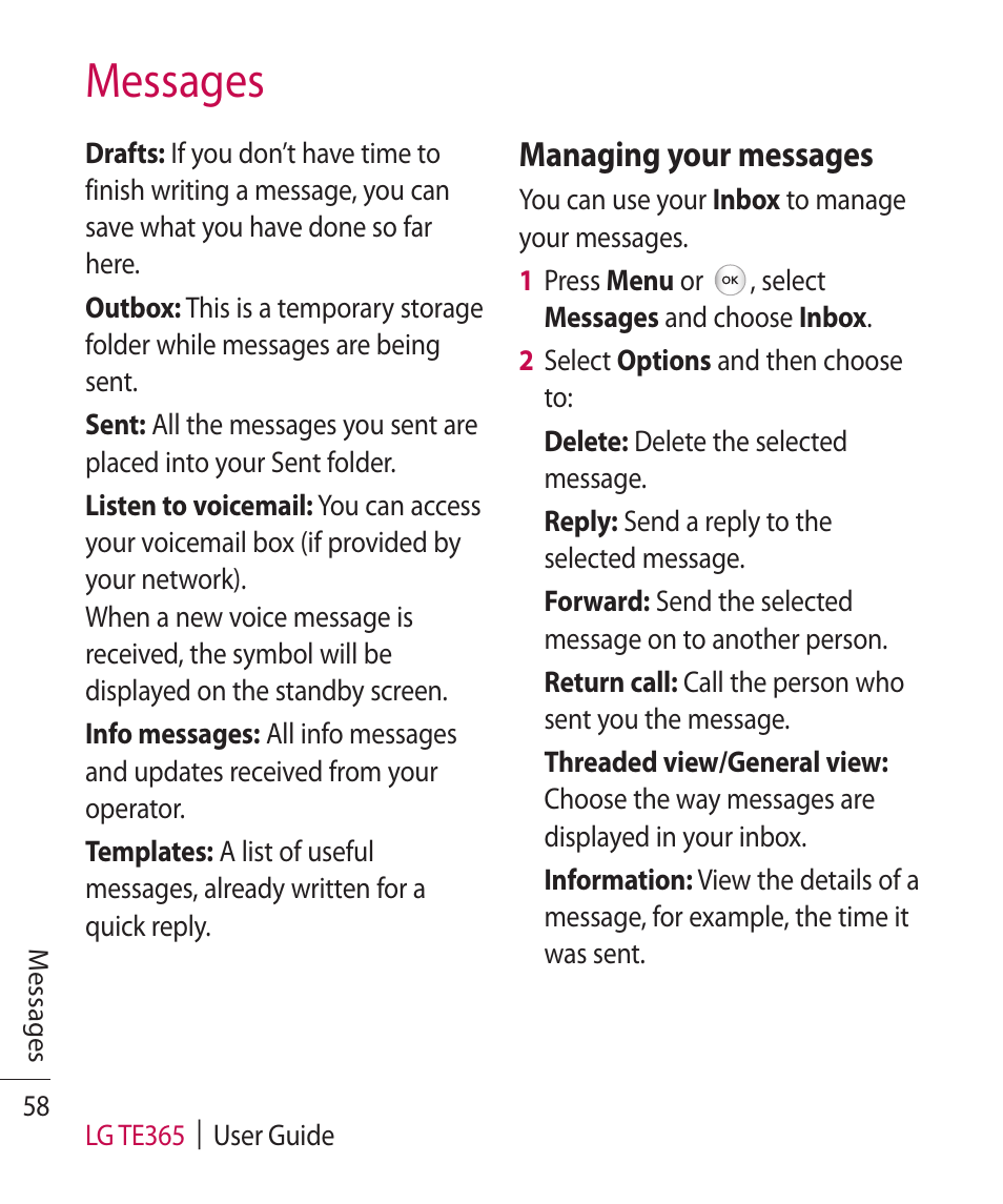 Messages, Managing your messages | LG TE365 User Manual | Page 62 / 107