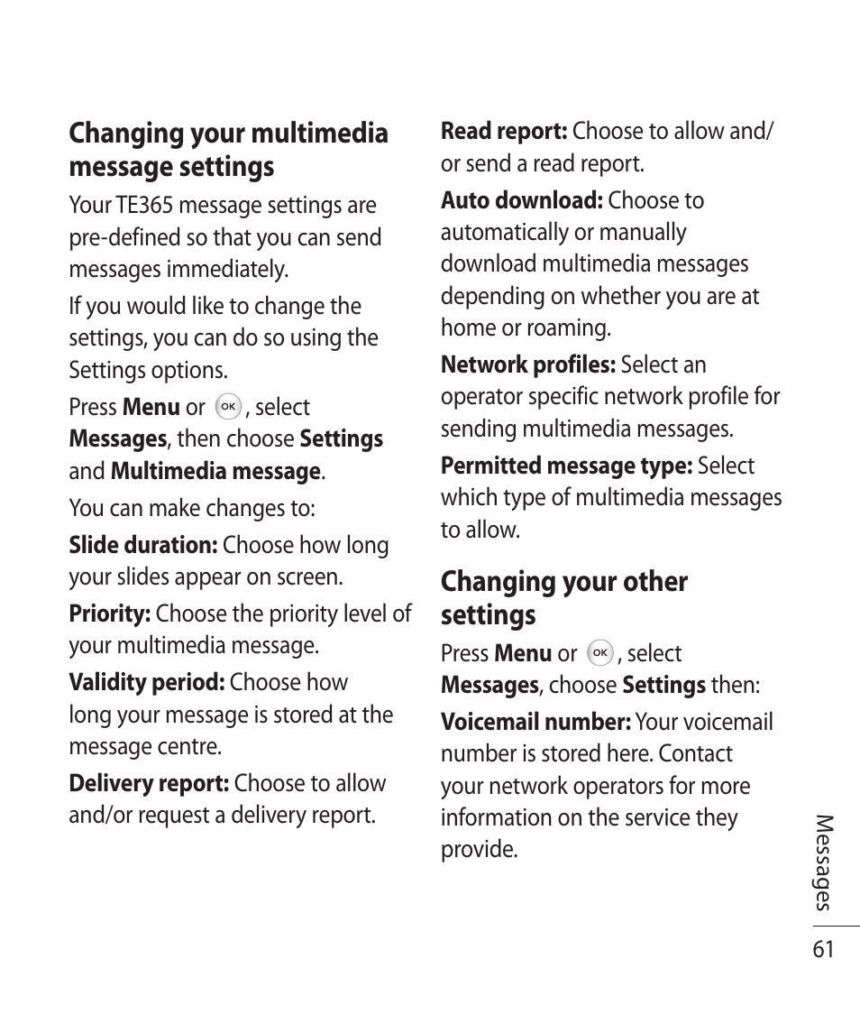 Changing your multimedia message settings, Changing your other settings | LG TE365 User Manual | Page 65 / 107